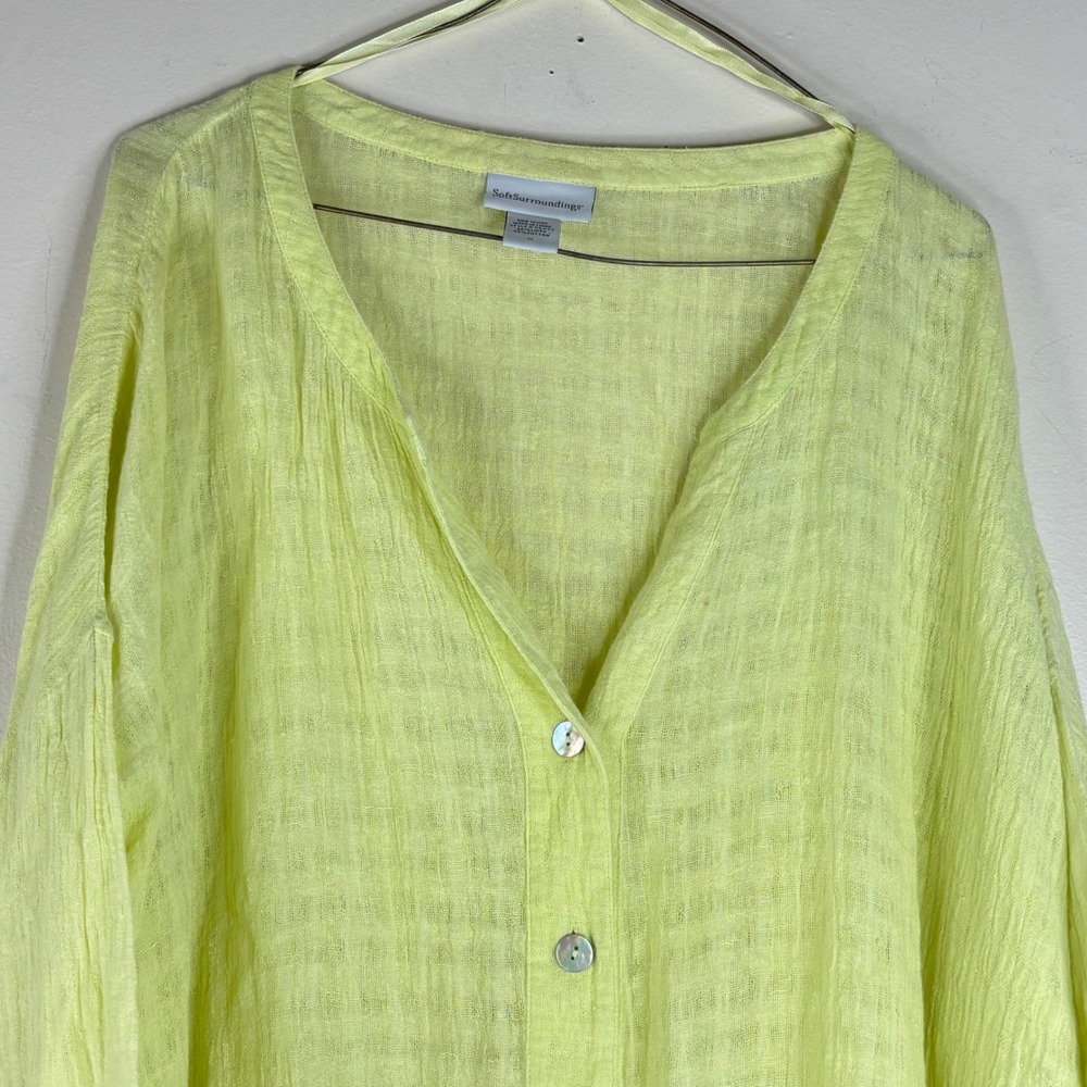 Soft Surroundings Blouse 1X Lime Green Linen Cotton Gauze Button Front Top 55433 - Picture 4 of 10